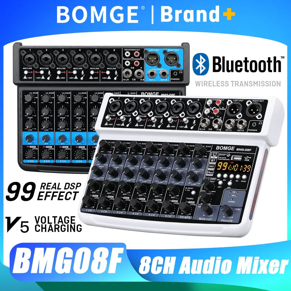 BOMGE Mixer Audio Professionale a 8 Canali per DJ, Console di Mixaggio con Processore 99DSP, Karaoke da Tavolo con Ingresso MP3