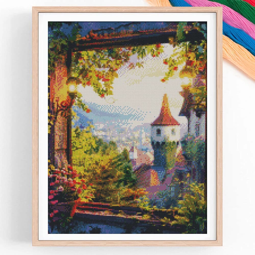 Nuovo Kit Punto Croce Paesaggio Urbano con Fiori 11ct, Ricamo Completo su Tela Stampata, Regalo di Natale Fatto a Mano