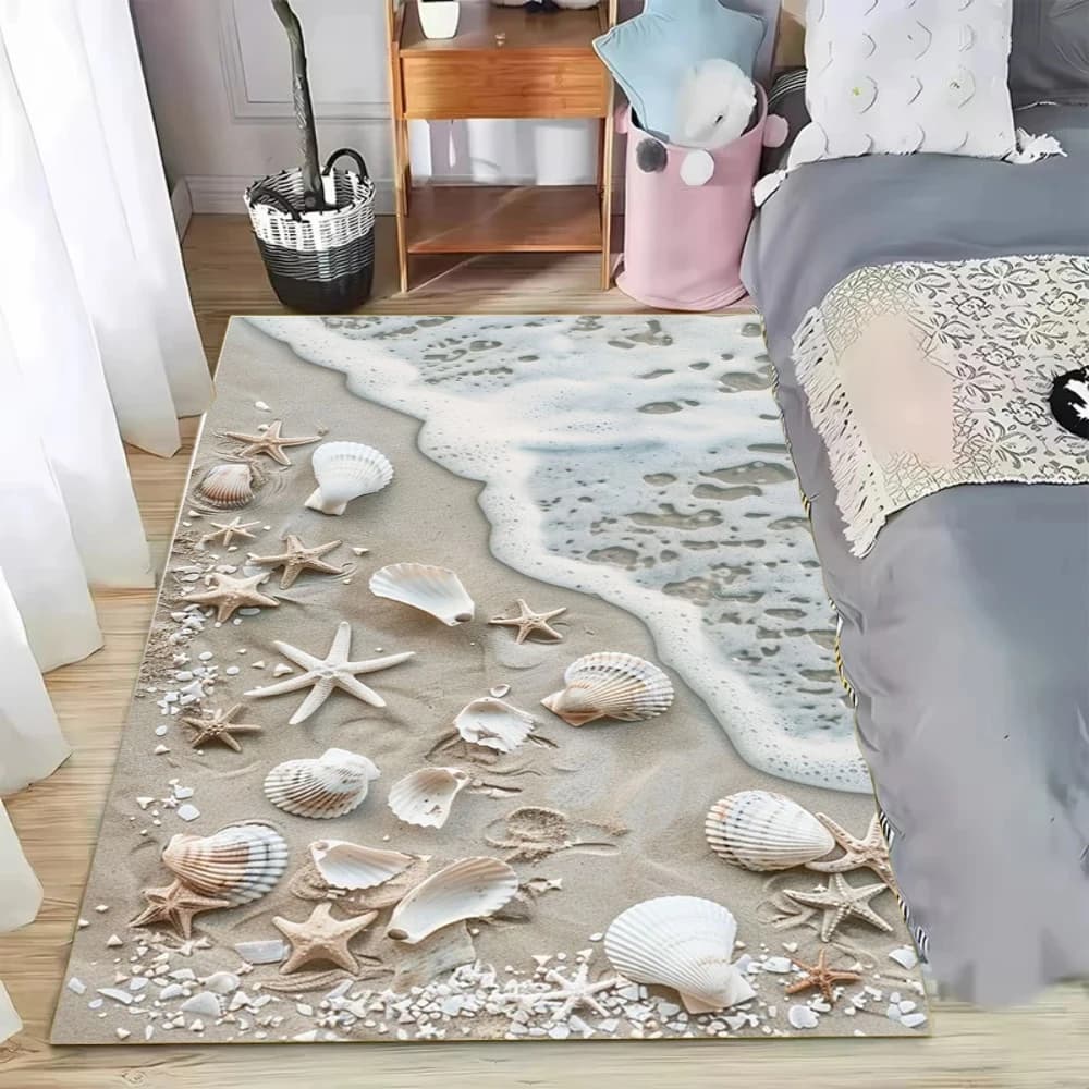Tappeto a Tema Spiaggia con Motivo Onde di Sabbia e Stelle Marine, Decorazione per Casa, Camera da Letto e Soggiorno