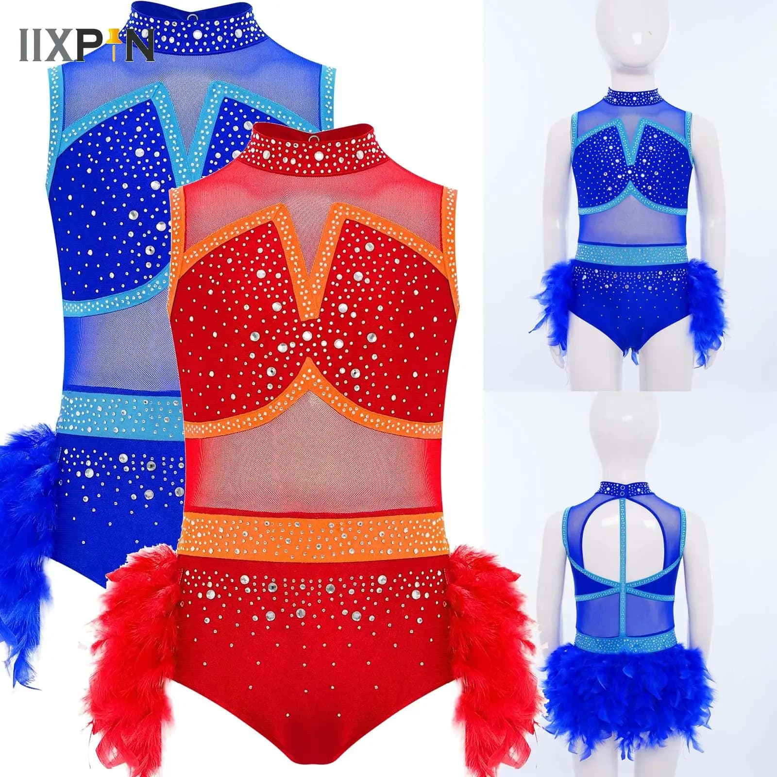 Body da ballo per ragazze con piume per bambini Jazz Hip Hop Costume da performance di danza Ginnastica Balletto Pattinaggio artistico di figura Vestito da tutu