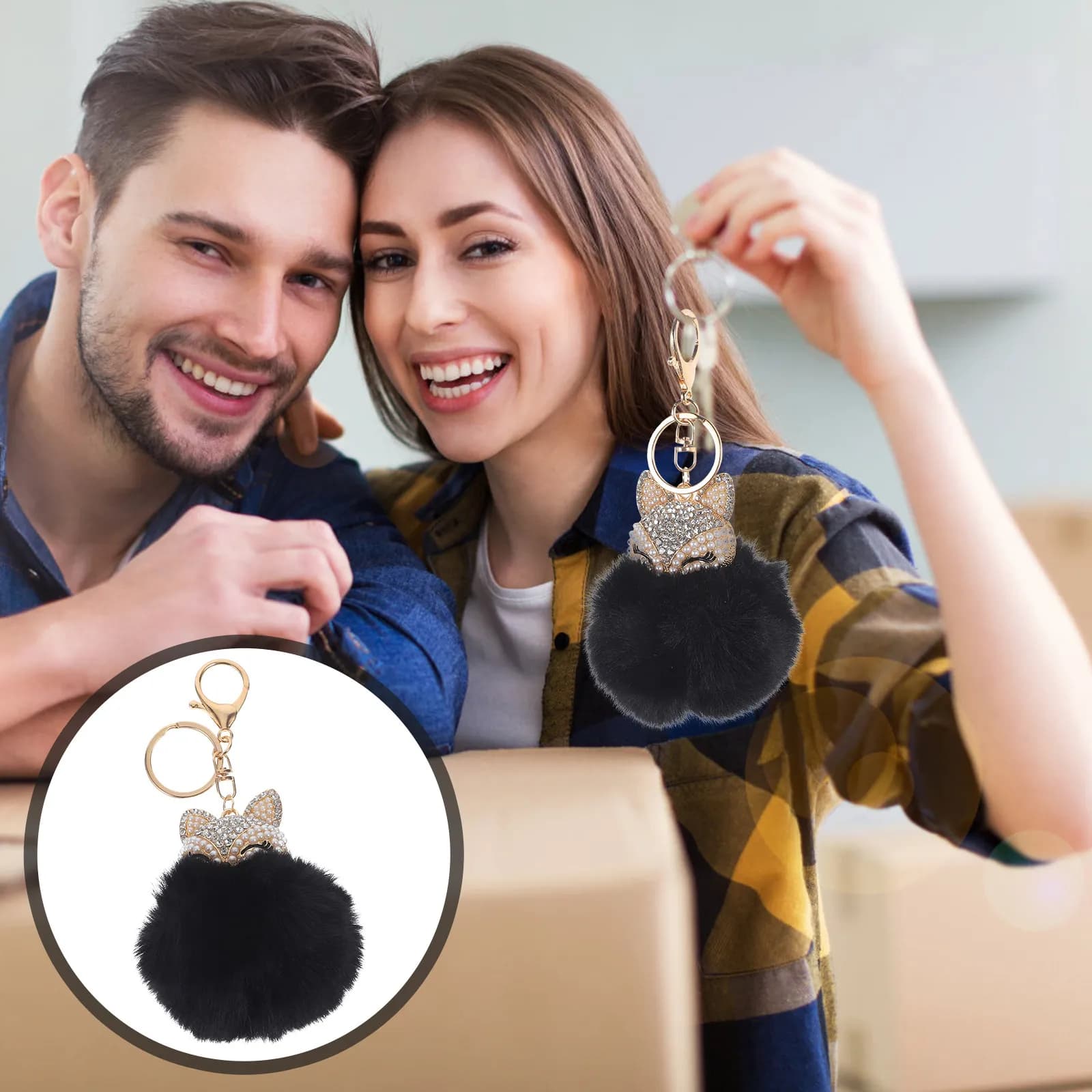 Portachiavi con Perle e Strass in Cristallo, Elegante Charm Nero per Borsa, Ciondolo per Auto, Anello Portachiavi, Regalo per Donne, Accessorio di Moda
