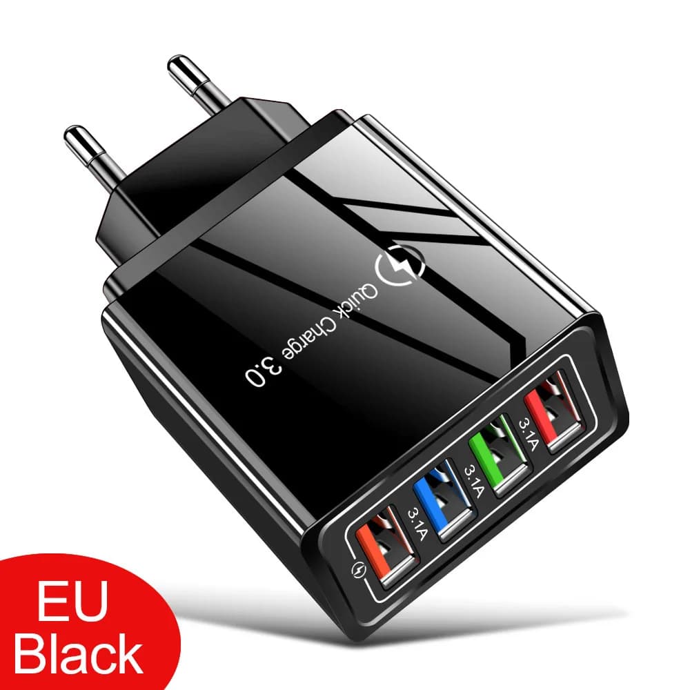 Quick Charge 3.0 3A USB Charger 4 Port USB EU Plug Mobile Phone Charger Wall Adapter Portable Fast Charging For iPhone 16 Pro