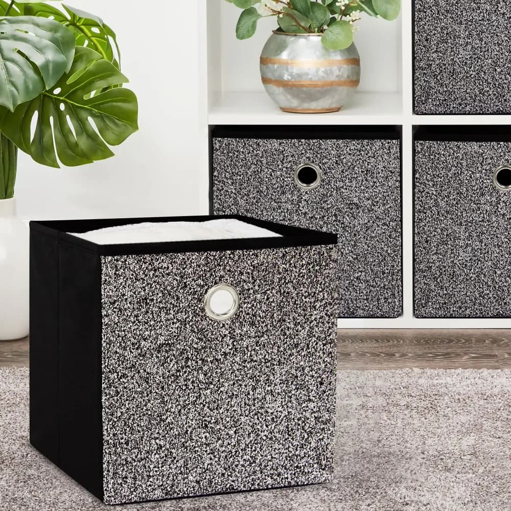 Collapsible Fabric Cube Storage Bin Organizer Box with Black and White Boucle Pattern for Home Closet Office
