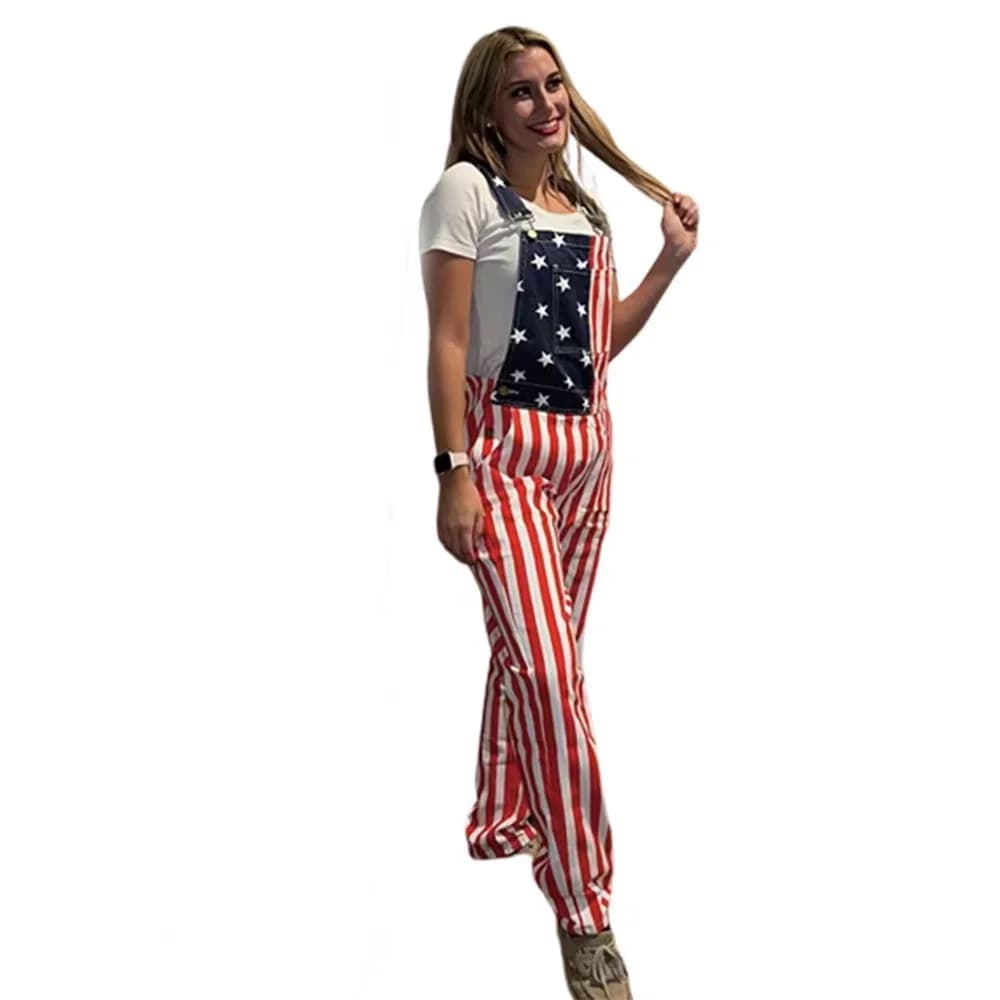 New Mens Jeans Overalls American Independence Day Flag Couple Suspenders Cargo Trousers Women Jumpsuit
