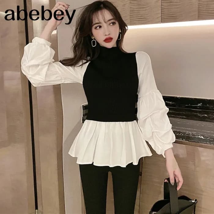 2026 New Summer Spring Stand Collar Blouses Split Joint Knitting Puff Sleeve Pleated Korean Fashion Women Shirt