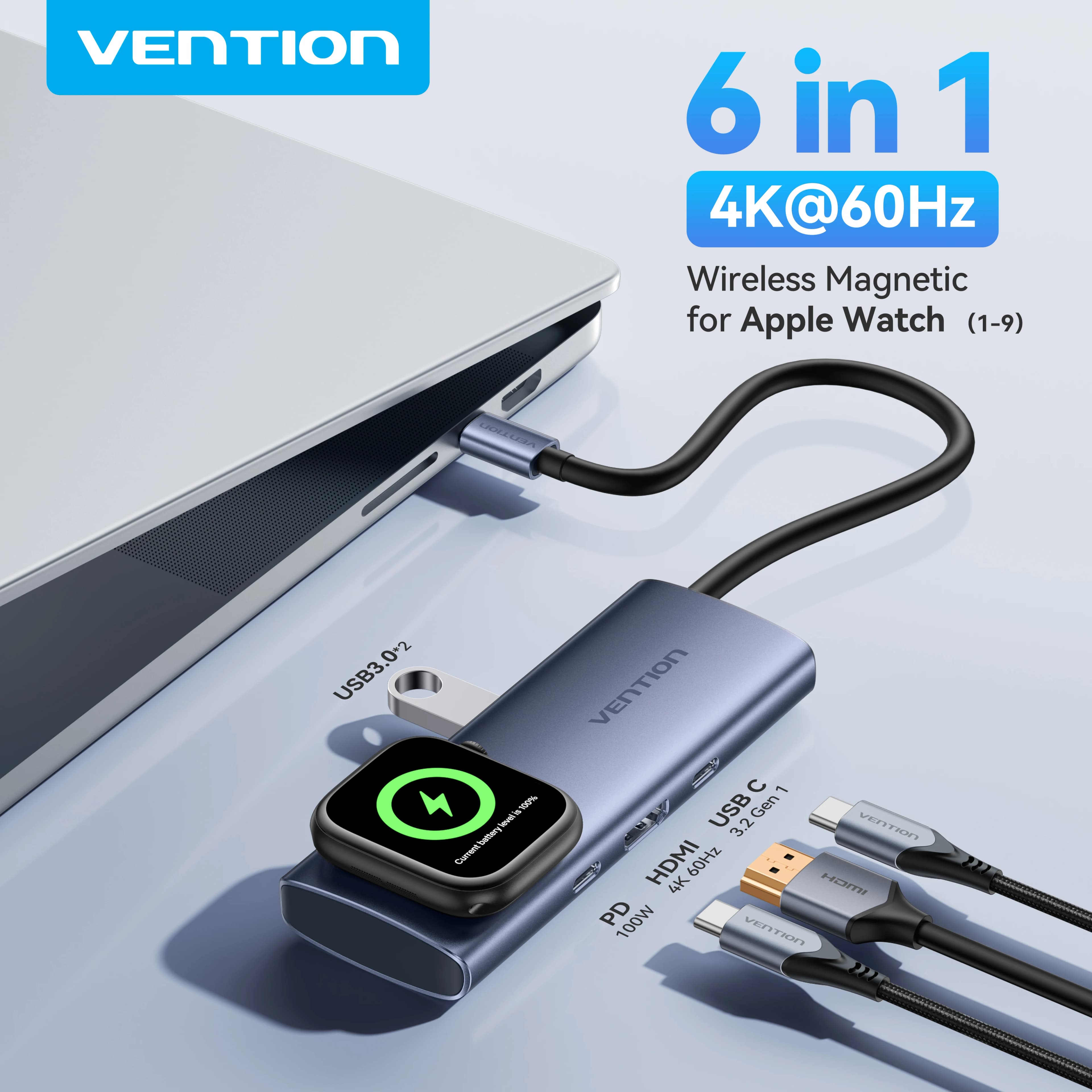Vention 6 in 1 USB C 4K@60Hz Hub di ricarica wireless per Apple Watch 1-9 Adattatore USB 3.0 PD 100W per MacBook iPad Air Pro Laptop