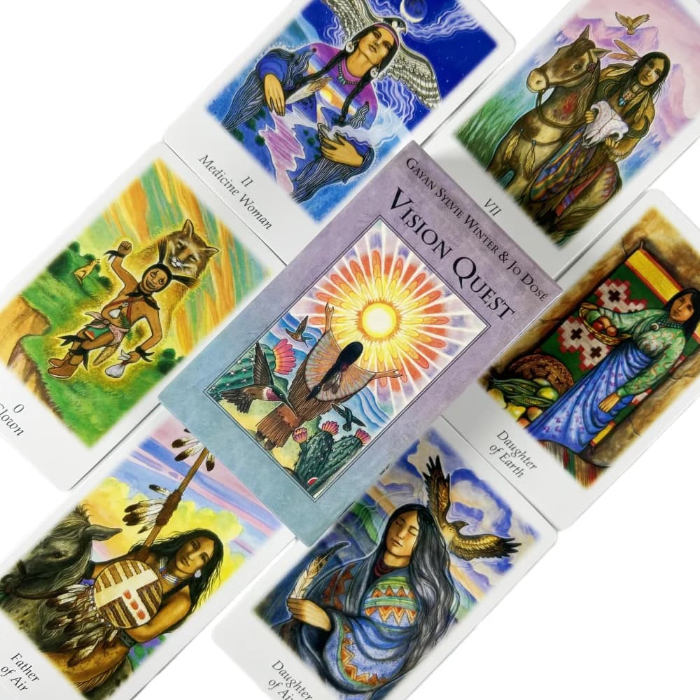 Carte dei Tarocchi Vision Quest, un mazzo di 78 carte con la saggezza nativoamericana, edizione inglese per divinazione e visione.