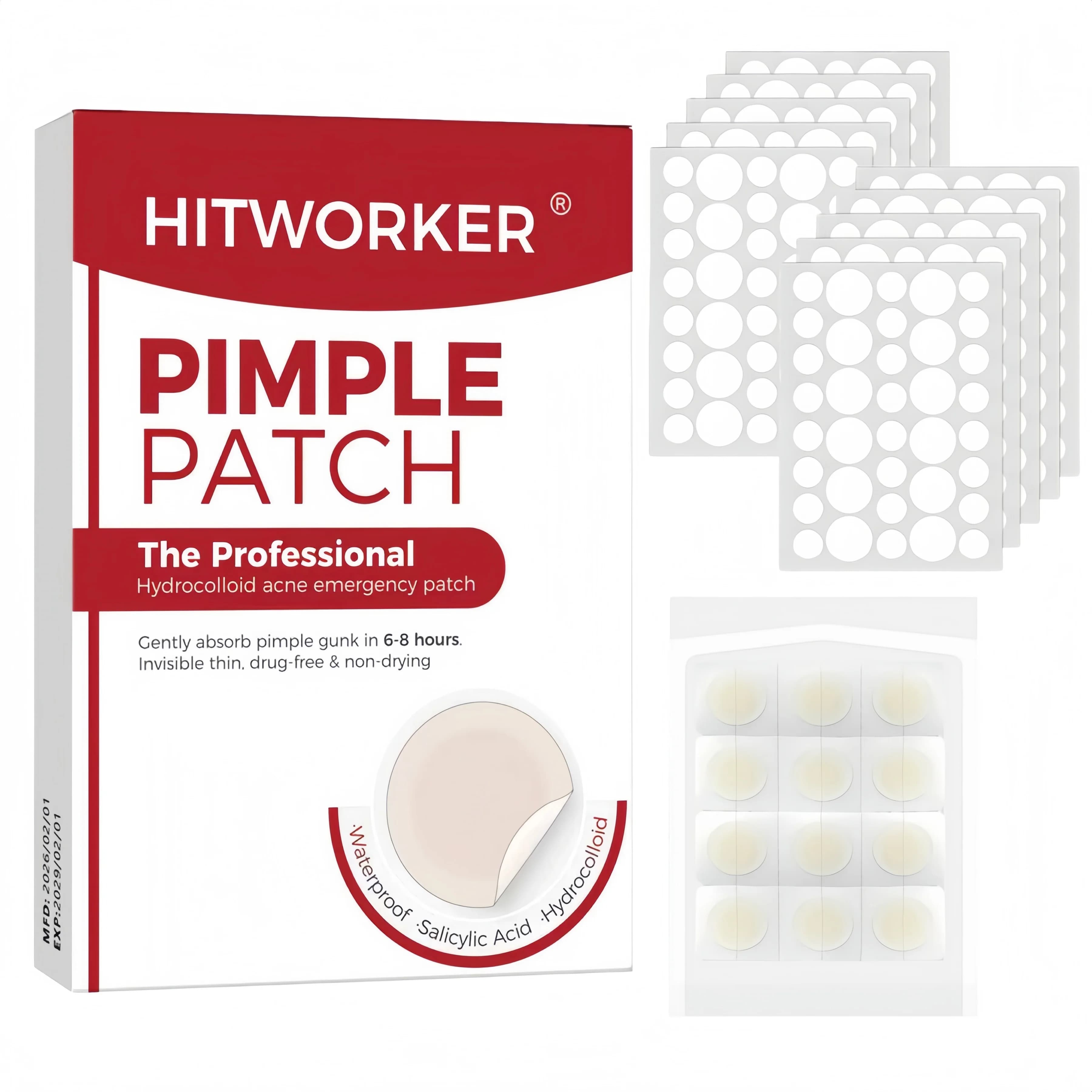 372 pezzi di cerotti per l'acne HITWORKER con rivestimento in idrogel, adatti a tutti i tipi di pelli chiare, per uso quotidiano e come accessori fotografici.