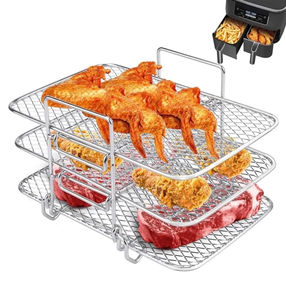 Stainless Steel Air Fryer Rack Rectangle Shape 3 Layer Stackable Dehydrator Rack Non-Stick Surface Detachable Design Fryer Rack
