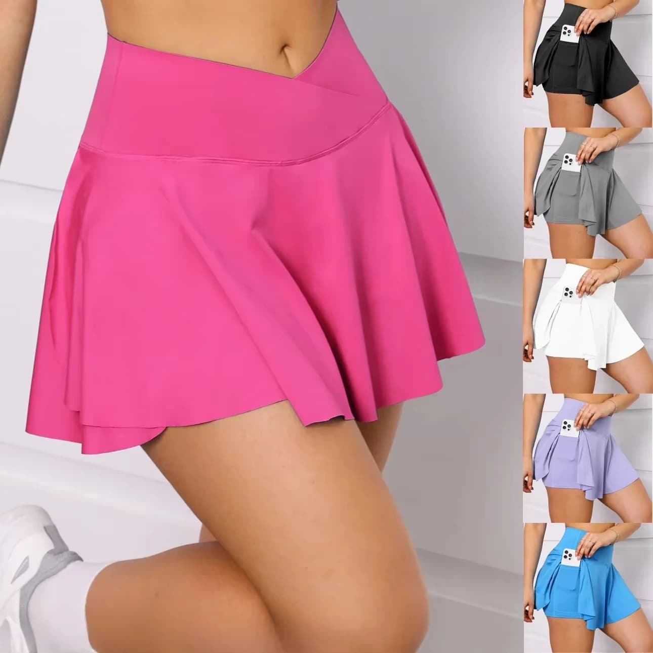Gonna sportiva estiva a vita a V sexy con tasche, da donna, elasticizzata, per palestra, tennis, corsa, golf, casual, con pantaloncini integrati