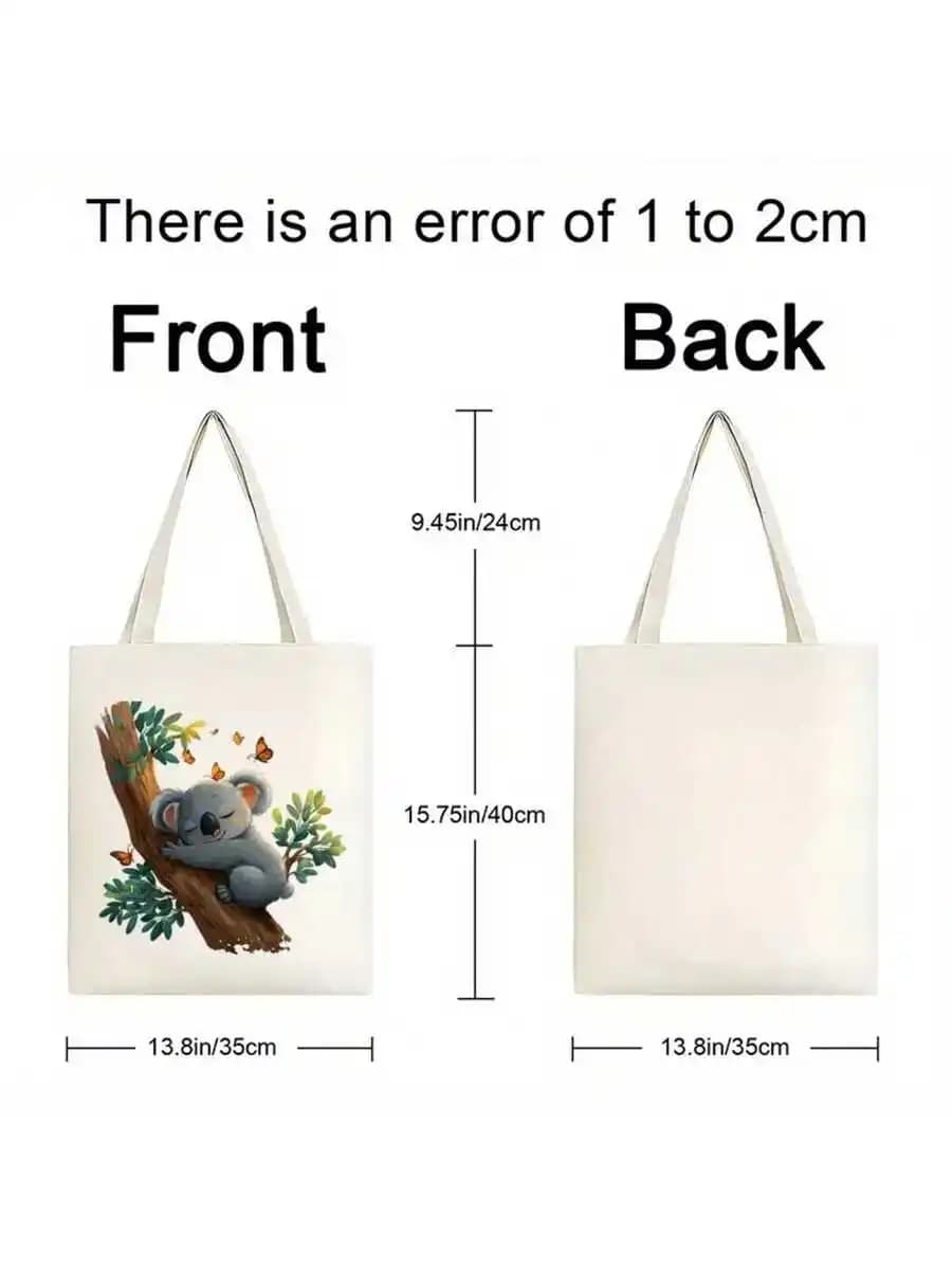 Canvas Tote Bag With Sleeping Koala And Butterflies Print Large Capacity Reusable Shopping Work Commute Bag