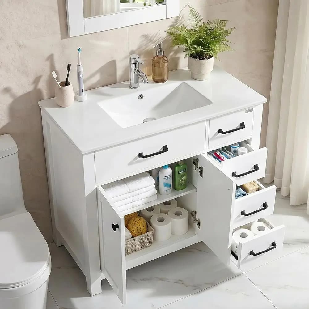 Mobile Bagno Bianco con Lavabo Singolo in Ceramica, Top, Specchio e Set Rubinetto Coordinato