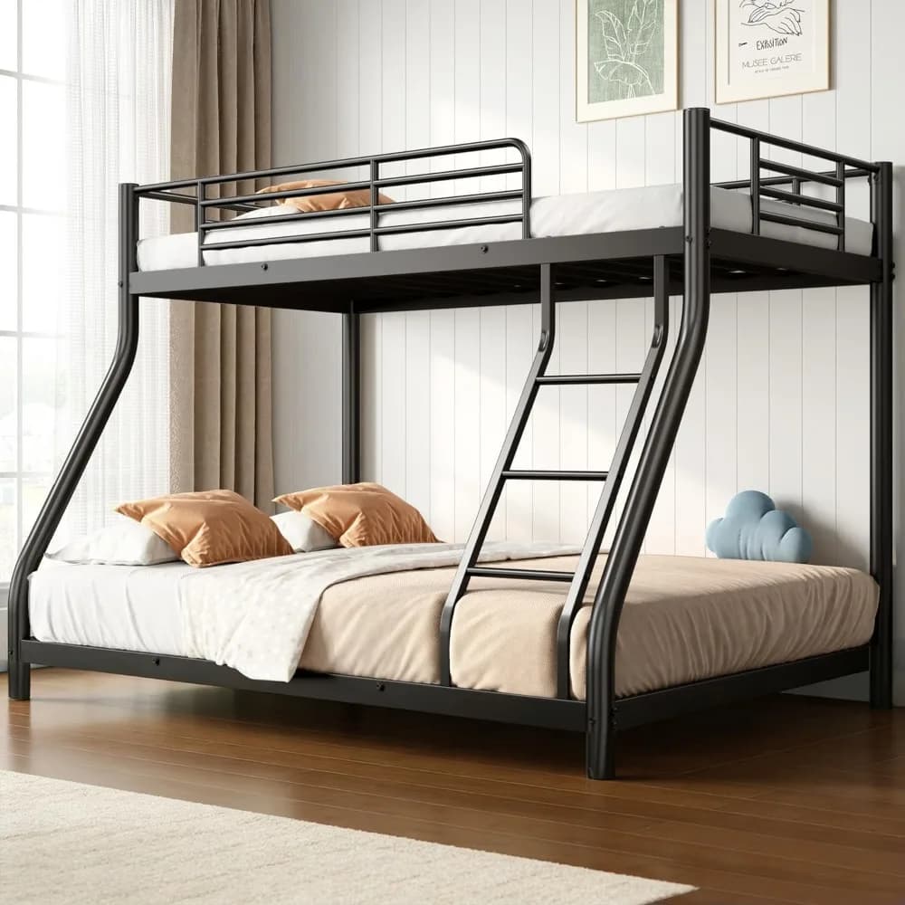 Letti a Castello Singolo su Matrimoniale con Scala e Ringhiera, Letto a Castello Robusto con Supporto a Doghe Metalliche, Senza Box, Personalizzabile