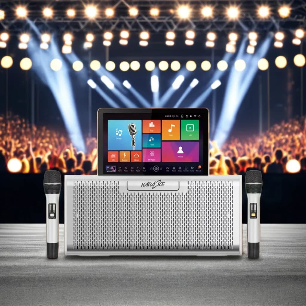 Altoparlante Portatile All-in-One con Sistema Android, Mini Macchina per Karaoke Domestico con 2 Microfoni Wireless