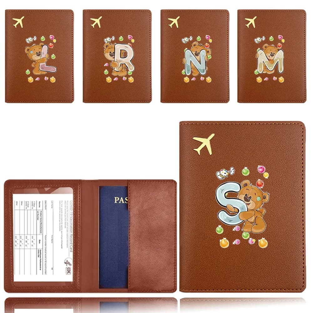 Custodia Protettiva per Passaporto in Pelle, Contenitore per Passaporto in PU, Cover Impermeabile per Passaporto e Carte di Viaggio, con Motivo Orso e Lettere