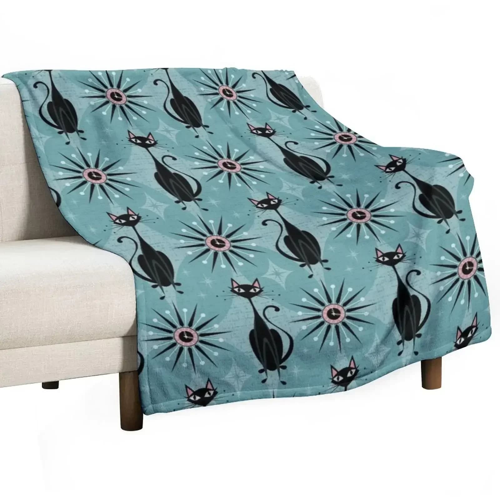 Mid Century Cat and Clocks - Blue Throw Blanket Beach for winter Flannel Sleeping Bag Luxury Brand Custom Blankets