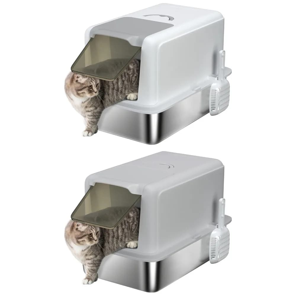 Lettiera per Gatti 2 in 1 in Acciaio Inossidabile con Coperchio Rimovibile