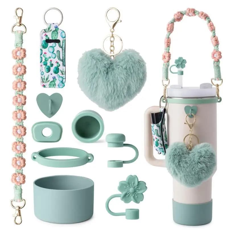 Resin Straw Cap Set for Stanley Bottle with Silicone Handle Strap Boot Lipstick Holder And Cute Keychain - Multi-Use Stanley Acc