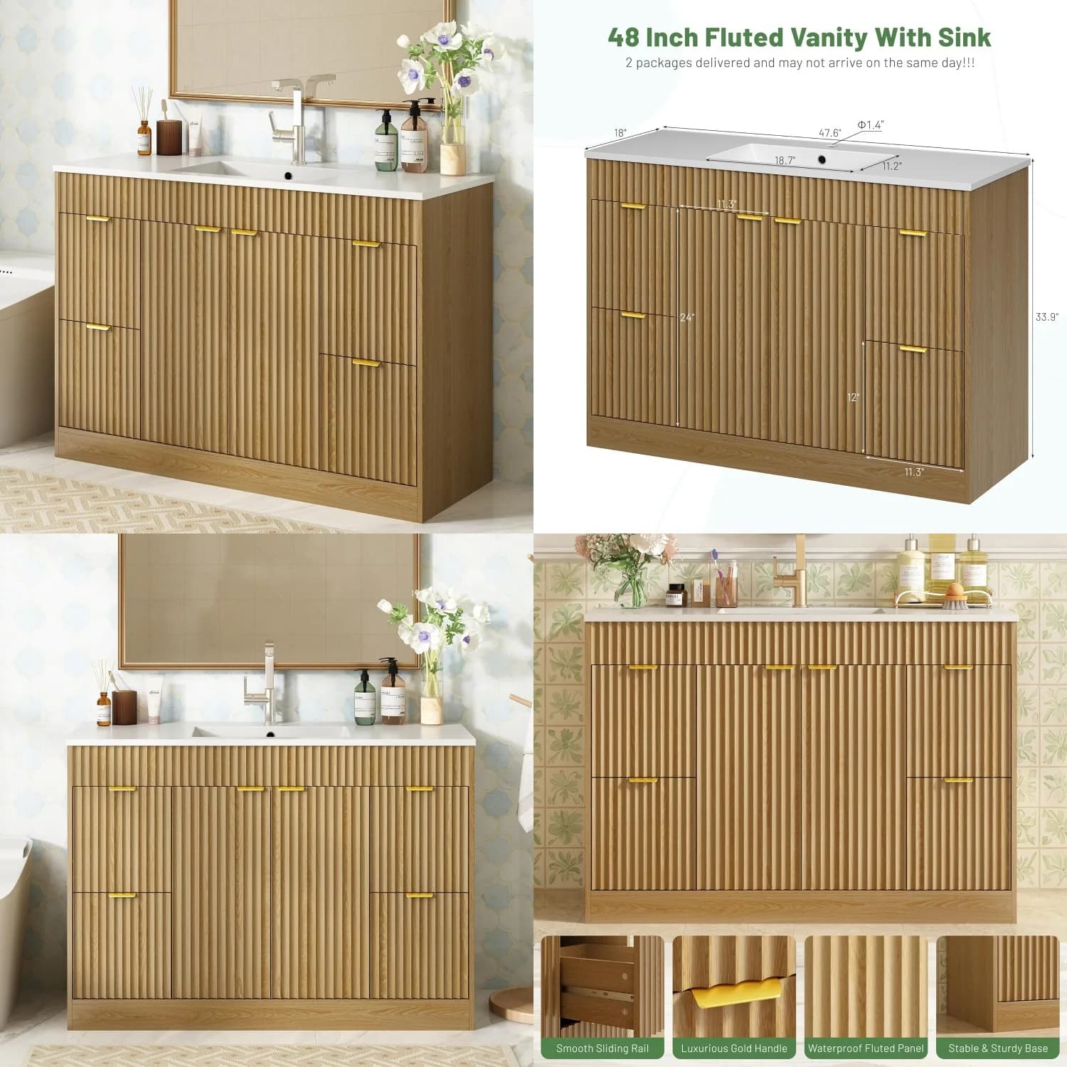 48in Modern Fluted Bathroom Vanity with Sink Storage Cabinet Adjustable Shelf Soft Close Doors 4 Drawers Natural Oak, Customized