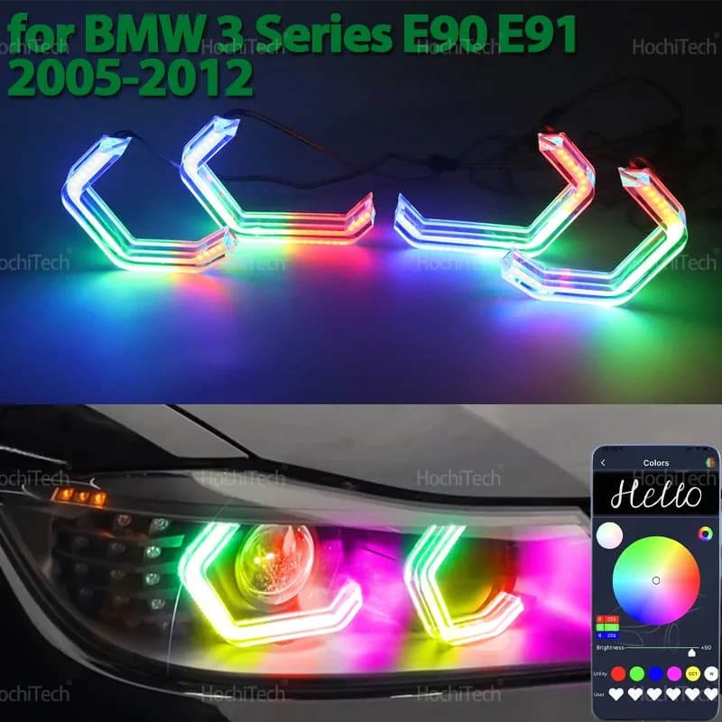 Per BMW Serie 3 E90 E91 2005-2012 RGB colorato Luce dinamica Angel Eyes Anelli Led M4 stile APP controllo DRL Indicatore di direzione