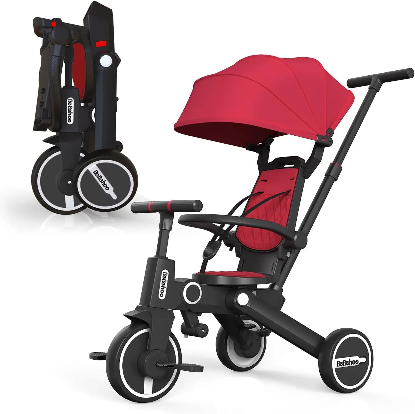 Triciclo Pieghevole 7-in-1 per Bambini da 1-5 Anni, Bicicletta Senza Pedali con Maniglia di Spinta (Rosso)