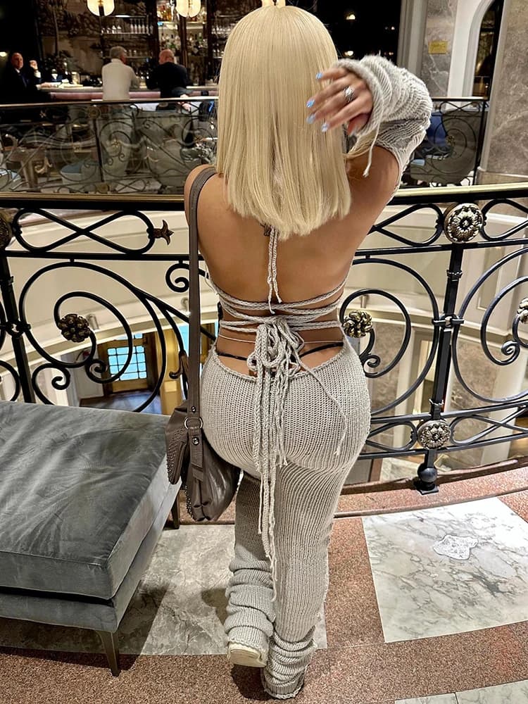 Strano Puss Bandage Knit Halter tute + guanto donna Stretch Sexy Club Backless Hollow Skinny Street Stacked Workout tuta
