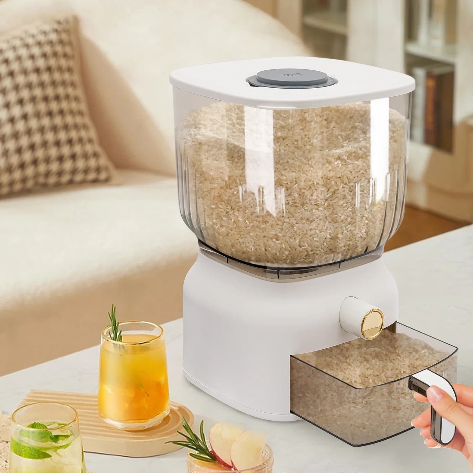 22Lbs Rice Dispenser,Large Sealed Grain Storage Container with Rice Cup Food Dispenser Kitchen Organizer for Rice, Beans, Grains