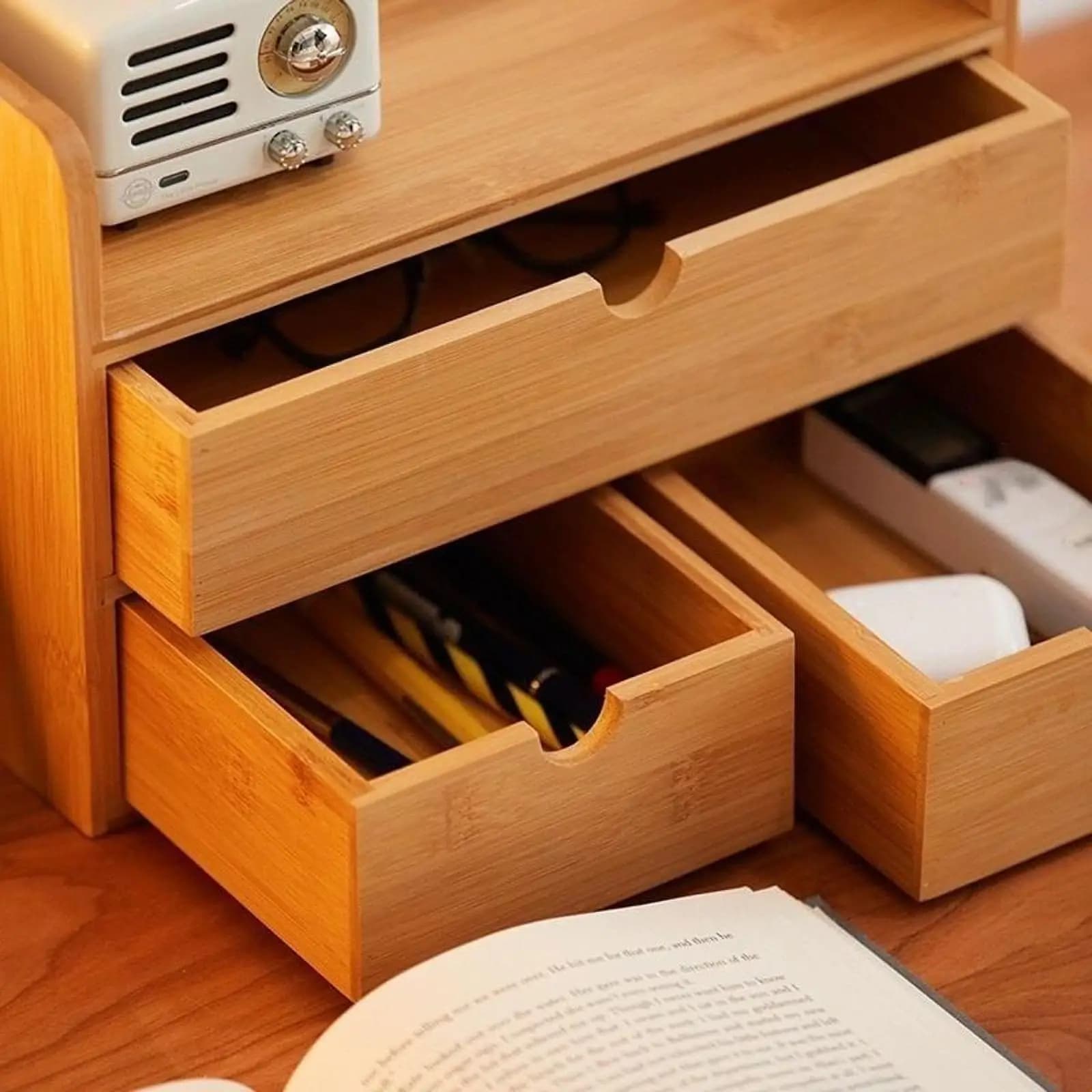 Desktop Storage Box with Bamboo Drawers Space Saving Organizer for Living Room Kitchen Workspace