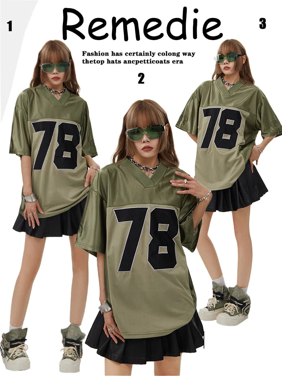 2025 Tendenza moda Ins Coreano Nicchia 78 Jersey Hip-Hop Punk Street Scollo a V Sport T-shirt a maniche corte Casual Uomo Donna Stili
