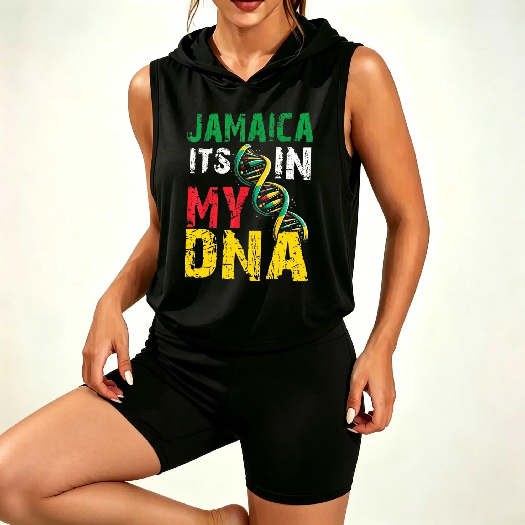 Women's 2 Piece Outfit, Sleeveless Hooded Tank with Jamaica It's In My DNA Print & High Waist Stretch Biker Shorts, Casual Soft Lounge Sports Set
