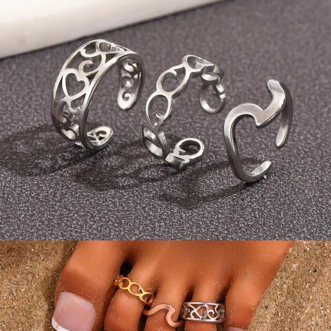 3PC Filled Toe Rings Set for Women 14K Gold Plating Adjustable Simple Stainless Steel Spray Eagle Ring Summer Beach Jewelry