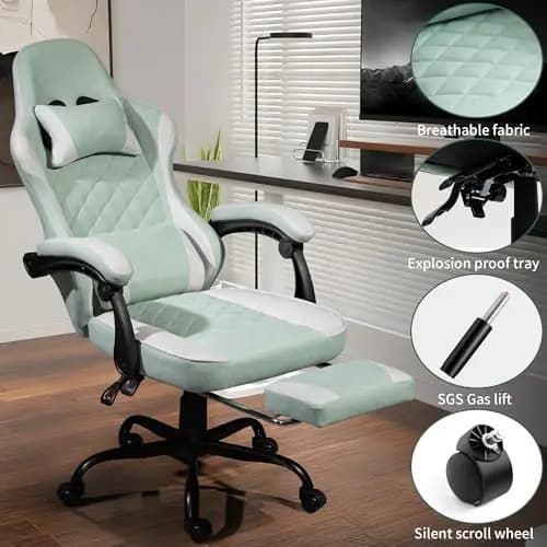 Sedia da Gaming Ergonomica Verde Menta e Grigio Chiaro con Poggiapiedi Regolabile, Tessuto Traspirante, Sollevamento a Gas SGS, Ruote Silenziose