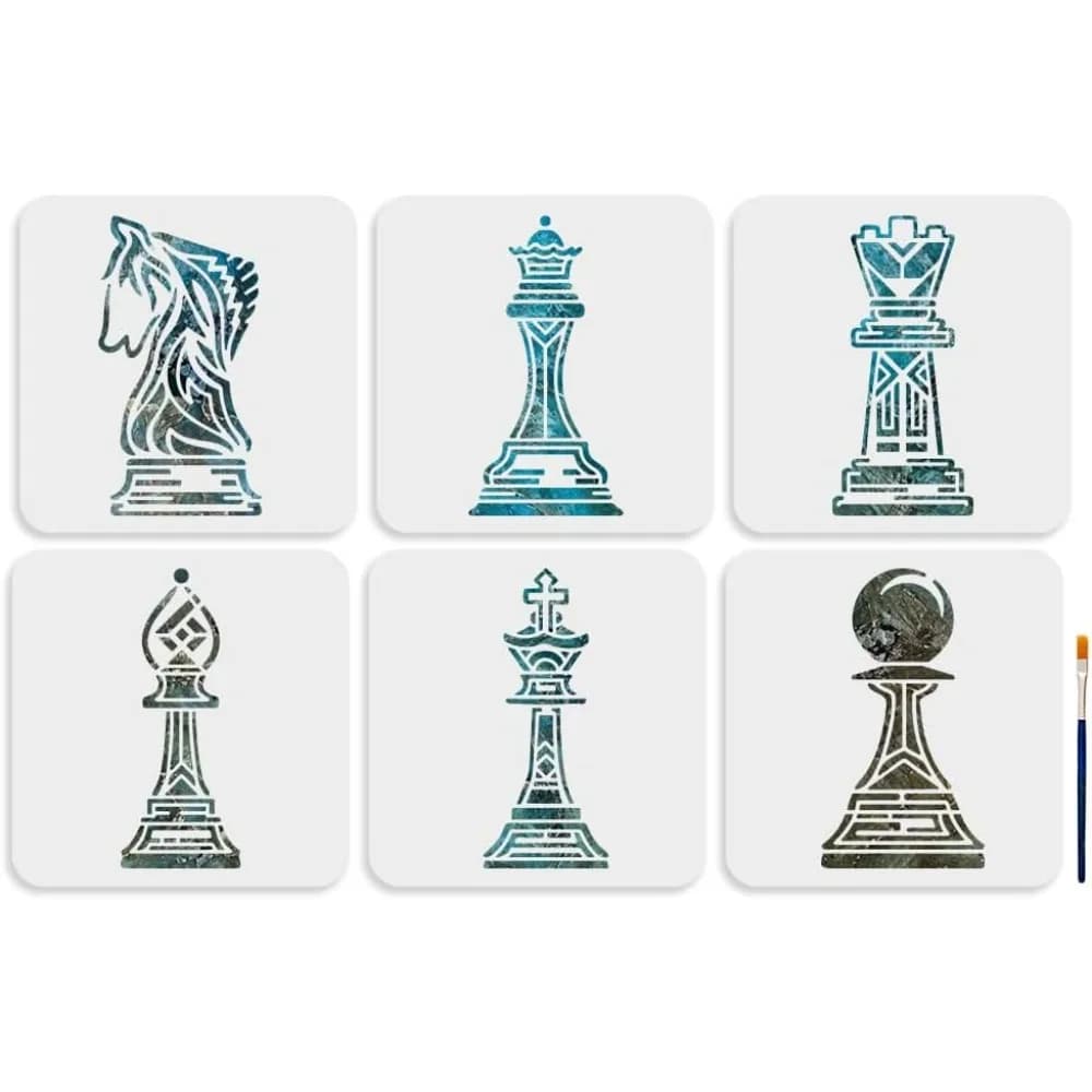 Set di stencil per scacchi 8x8 pollici 6 pezzi con pennello King Queen Pawn Rook Bishop Knight Modelli per mobili da parete Arte fai da te