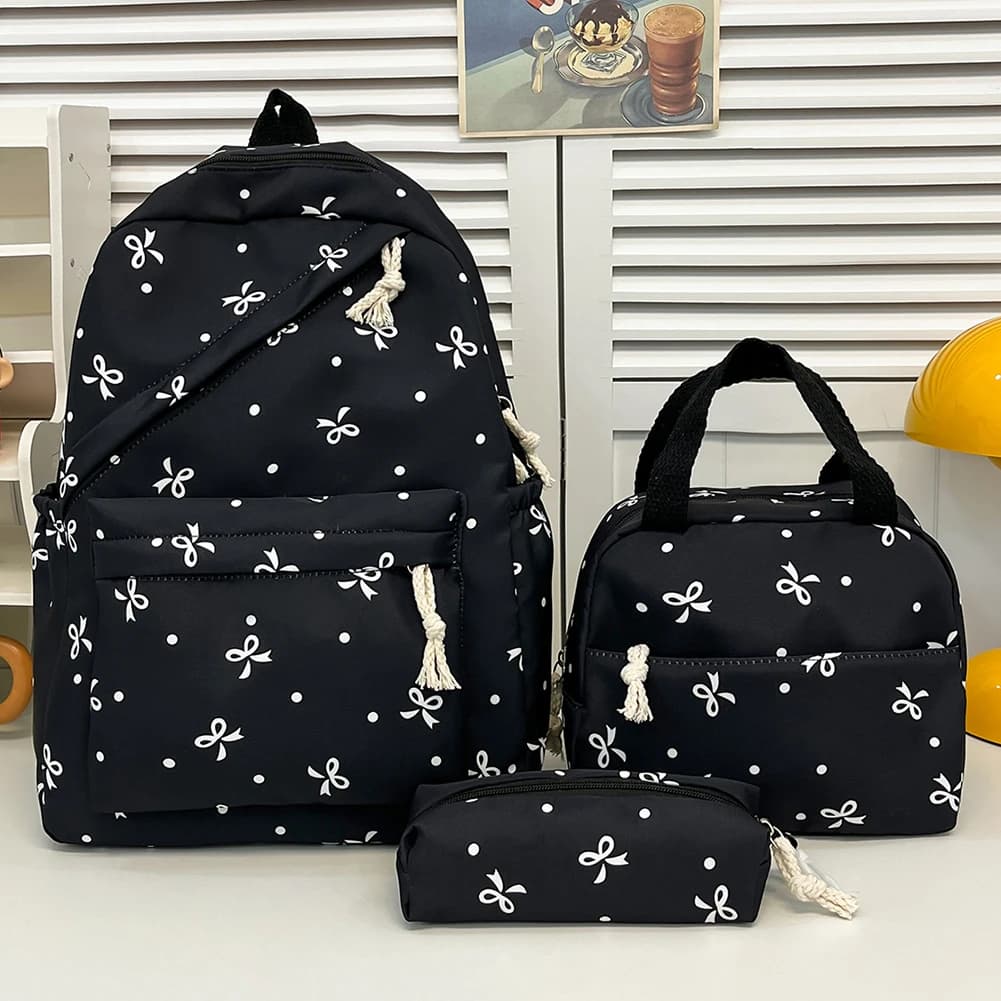Zaino per scuola universitaria con papillon da 3 pezzi con astuccio per il pranzo Zaini per ragazze carine Set di zaini per la scuola per ragazze adolescenti