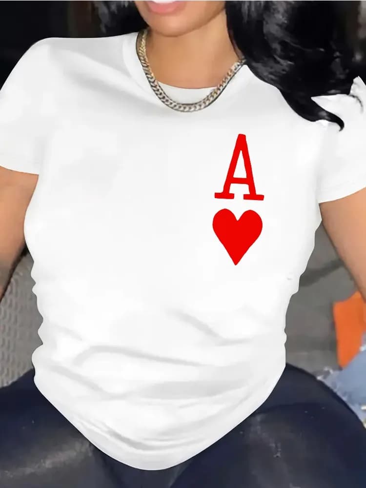 Women's Fashionable Casual Short-sleeved T-shirt with Red Heart Ace Pattern Print Round Neck Machine Washable Four-season Top