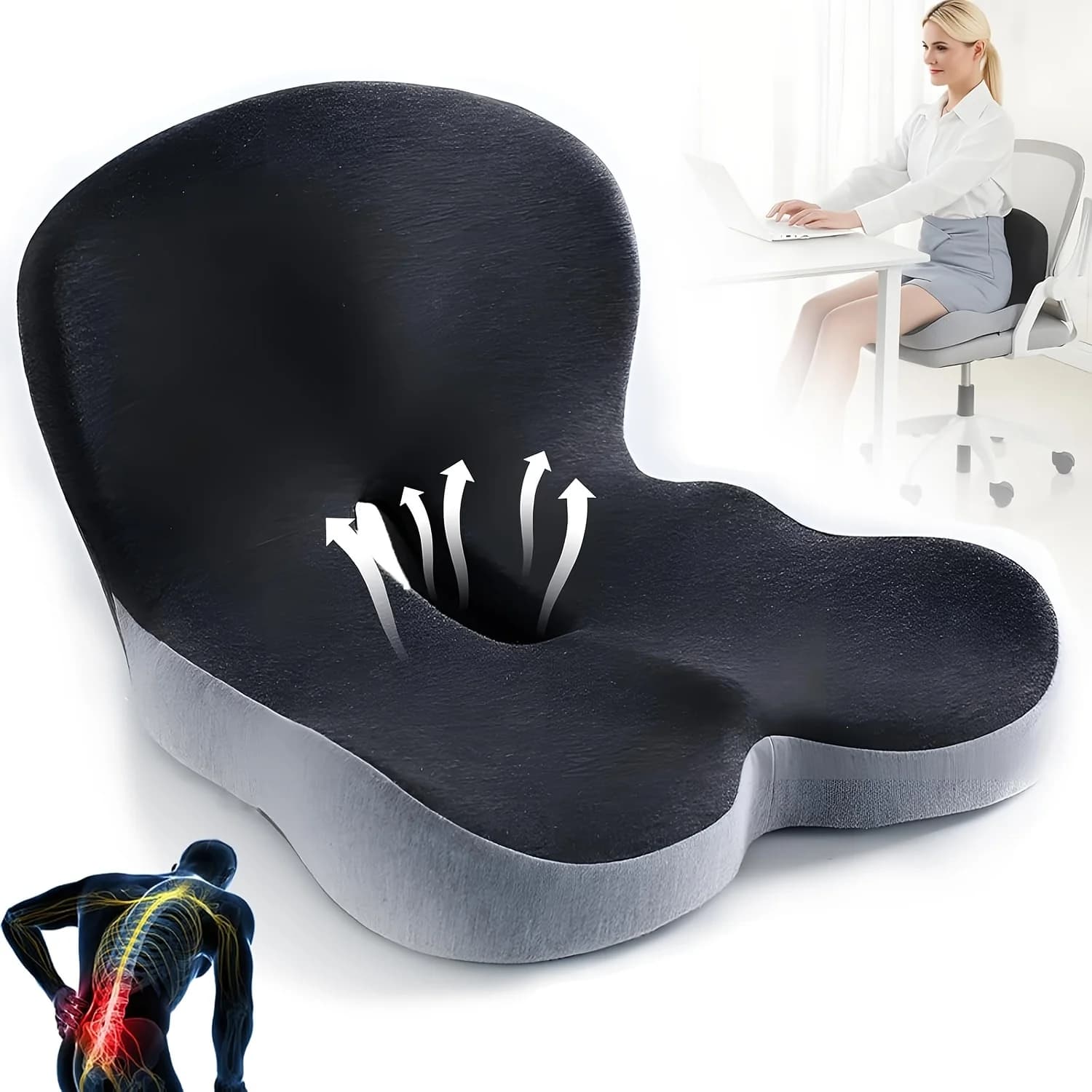 Cuscino del sedile ergonomico Memory Foam Schienale monopezzo Sedia da ufficio Supporto morbido Lavabile in rilievo Cuscino per auto traspirante
