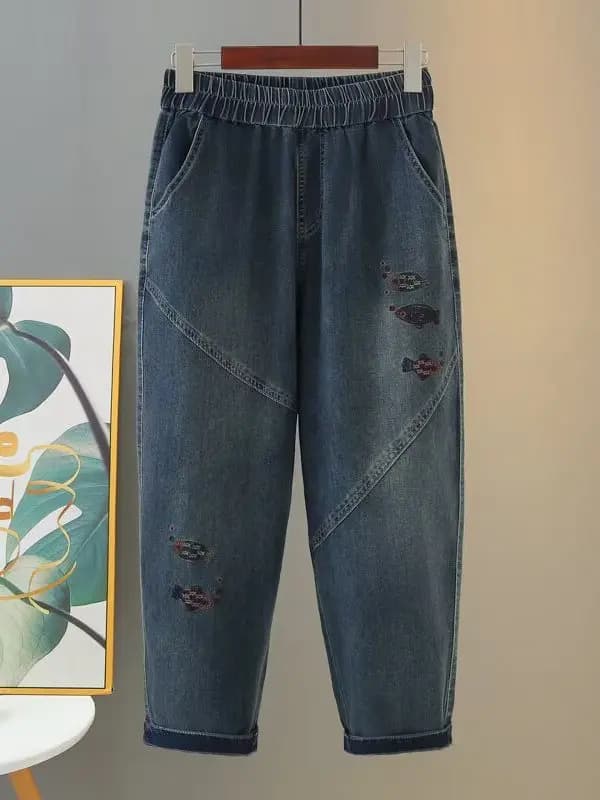 Jeans Harlan Ricamati a Vita Alta da Donna Taglie Forti, Casual e alla Moda, Pantaloni in Denim a Gamba Larga Trendy