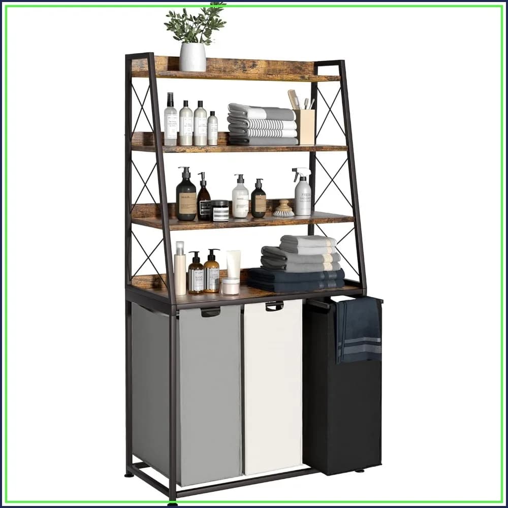 3 Section Laundry Hamper with 4 Tiers Shelf, Pull-Out Removable Bags, Large 3x15.87 Gallons, Rustic Brown PF05XLN