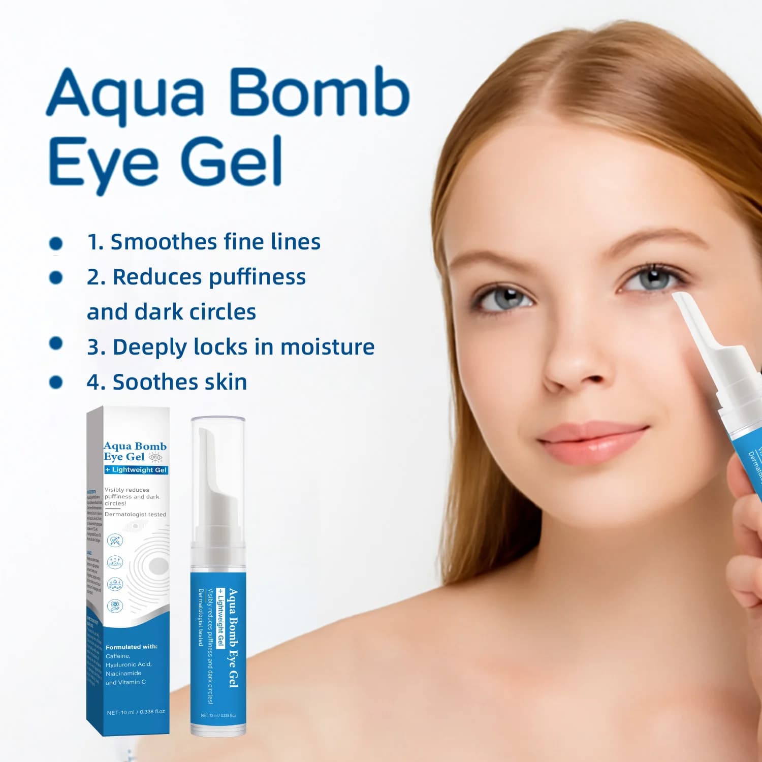 Aqua Bomb Gel refreshing for eyes Caffeine and hyaluronic acid for swelling and hydration Niacinamide and vitamin C for eye care