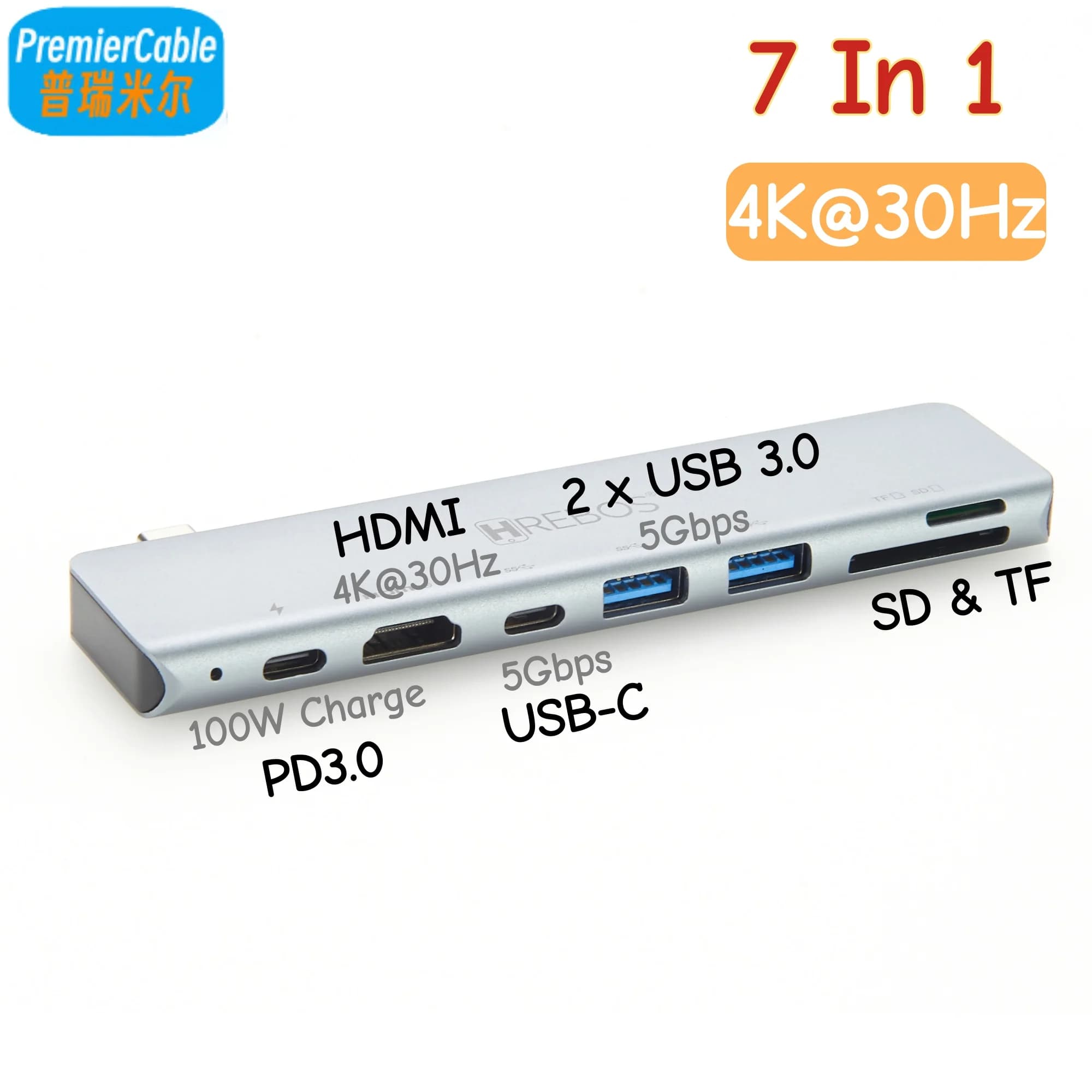 Docking station USB C hub USB C 7 in 1 per lettore di schede SD/TF a ricarica rapida da HDMI 1.4 4K a 30 Hz 100 W