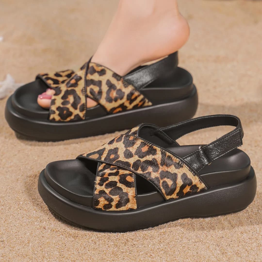 Sandali da donna con plateau e suola spessa con cinturino incrociato a fascia stretta in crine di cavallo leopardato, scarpe punk estive femminili casual