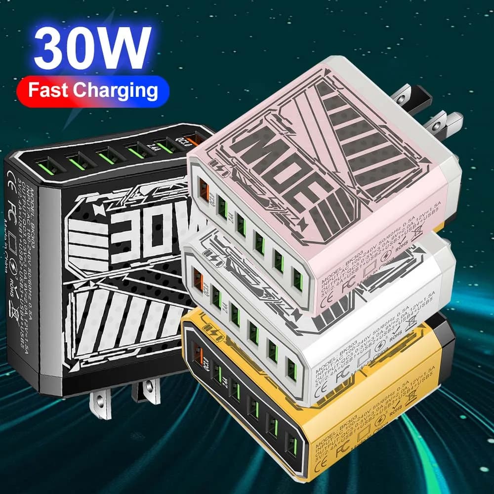 Caricatore USB PD 6 in1 Caricatore rapido QC3.0 a ricarica rapida per adattatore di ricarica per telefono cellulare Xiaomi Samsung Spina UE/USA/Regno Unito