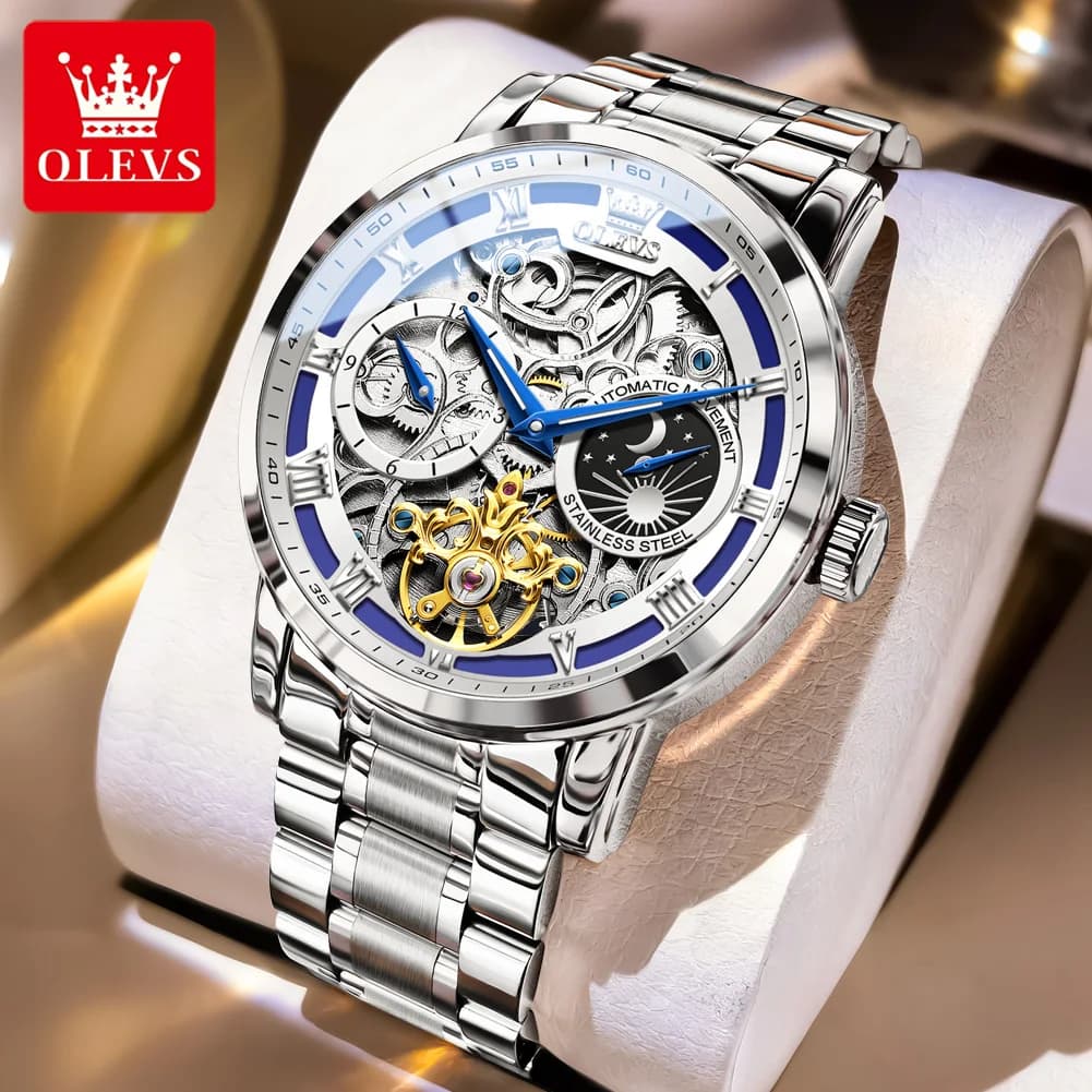 OLEVS 6670 Orologio da Uomo Originale con Quadrante Scheletrato, Fasi Lunari, Movimento Meccanico Automatico, Impermeabile e Luminoso