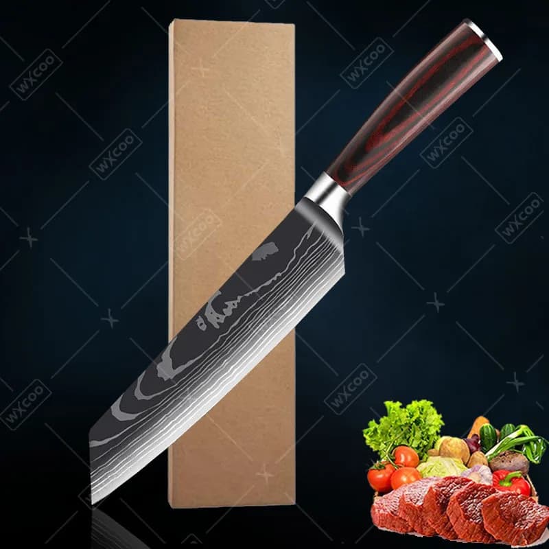 Stainless Steel Kitchen Knife with Damask Pattern, Wood Handle, Sharp Blade for Chef