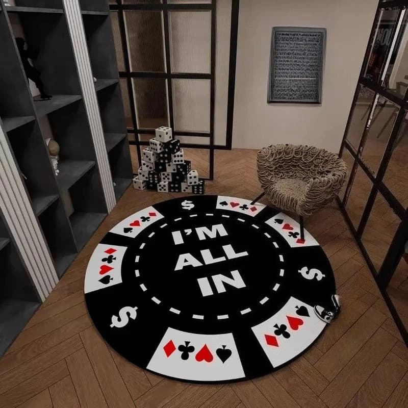 ALL IN Magic Poker Card Patterned Round Rugs, Non-slip Floor Mat for Living Room, Bedroom, Bathroom, Holiday Home Decoration