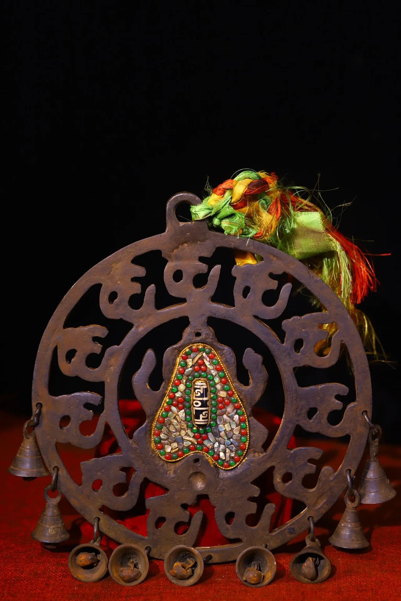 11"Tibetan Temple Collection Old Bronze Painted Mosaic Gem Turquoise GANESH Six Character Proverbs Buddha Wheel Aeolian Bells