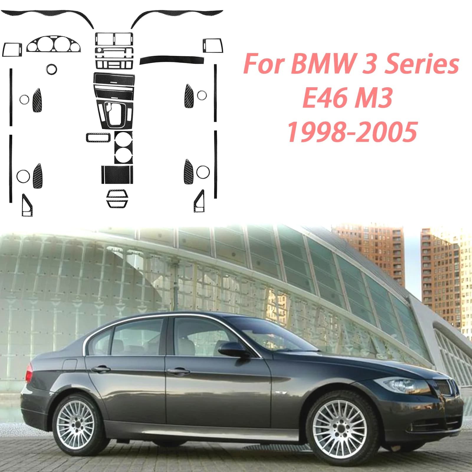 Kit completo di accessori per la console centrale, rivestimenti per le portiere in vera fibra di carbonio, adesivi decorativi per BMW Serie 3 E46 M3, accessori interni.