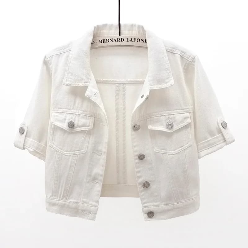 Giacca di Jeans Bianca alla Moda per Donna, Primaverile ed Estiva, Sottile e Aderente, Corta, Stile Cowboy, Mezza Manica, con Grandi Tasche