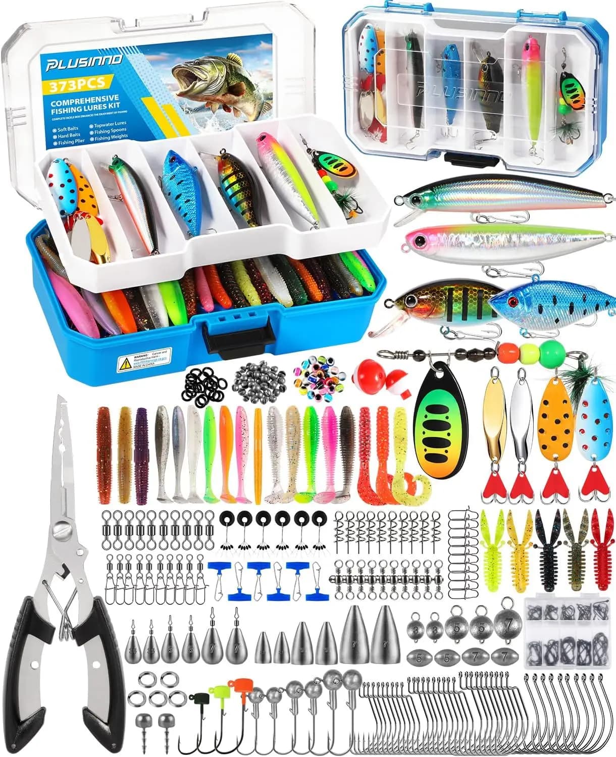 Kit di 373 Esche da Pesca con Scatola Porta Attrezzi, Vassoio Rimovibile, Pinze e Accessori per Bass e Trota
