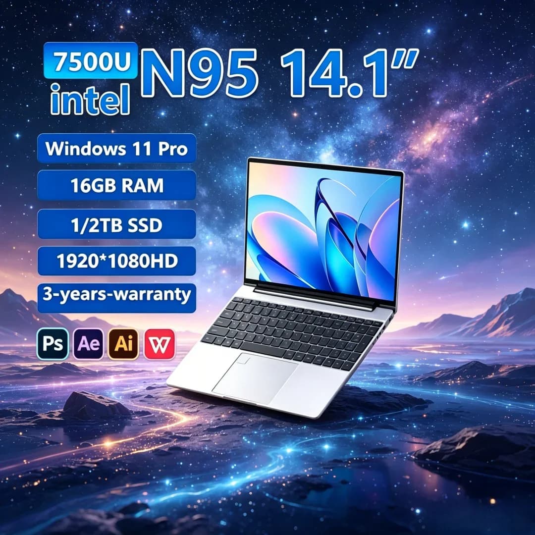 Laptop Cryptic 14.1" 2026 N95 FHD IPS 120Hz con Schermo Halcyon-Vivid, Batteria 7500mAh, SSD 32GB/2TB, Tastiera Splendida, Sblocco con Scansione Papillare